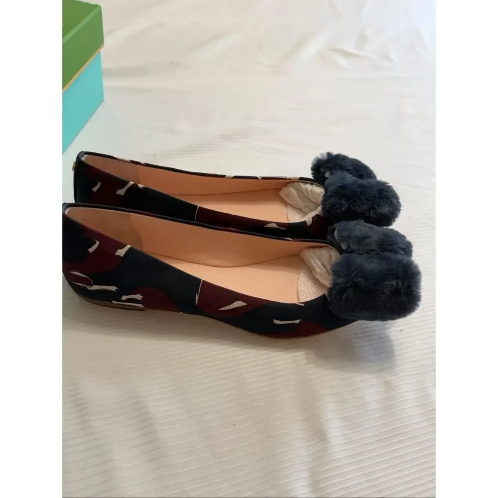 kate spade‎ Navy Floral Fur Bow Flats